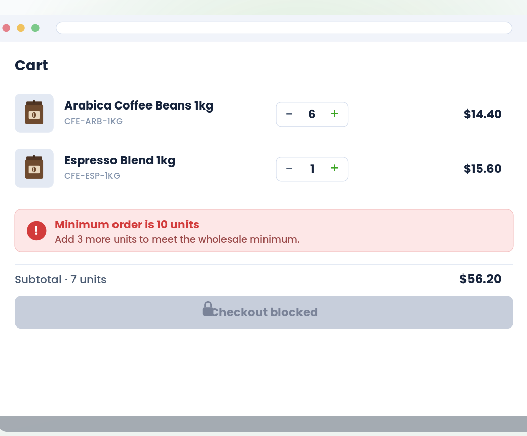 Minimum Order Quantity (MOQ) — storefront view