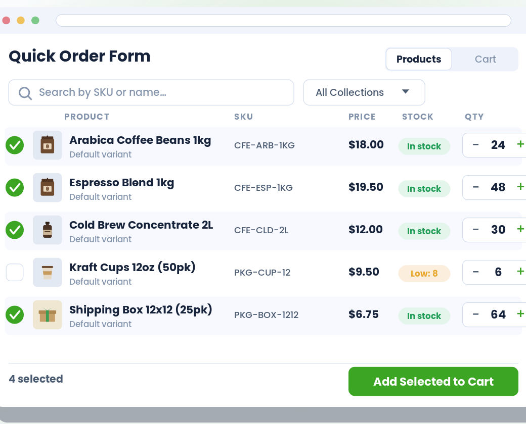 Quick Order Form — storefront view