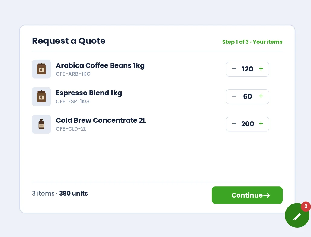 Request a Quote form, step 1 of 3, listing three products with quantities