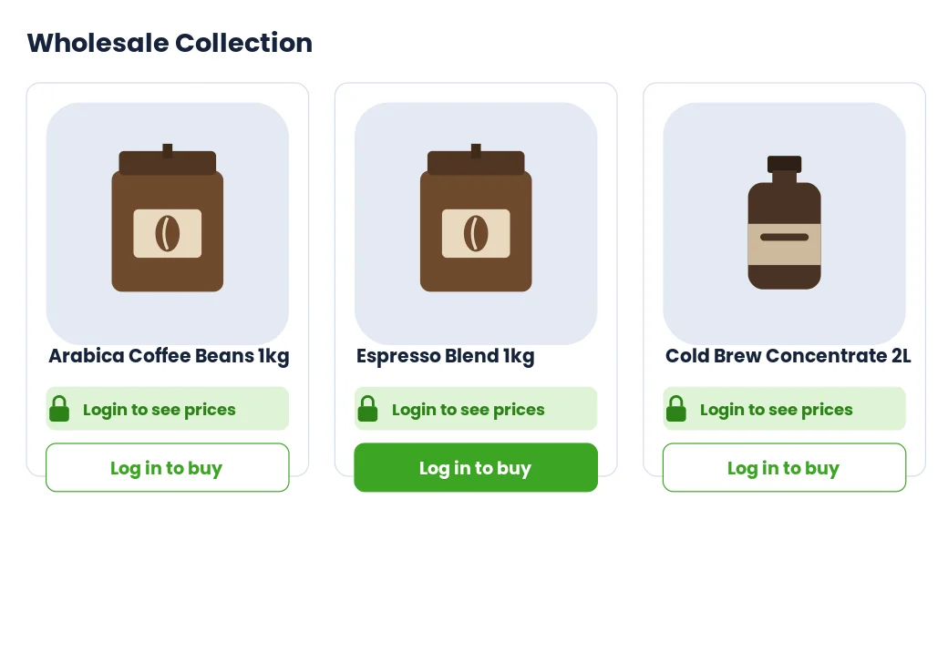 Collection page where every product shows Login to see prices and a Log in to buy button